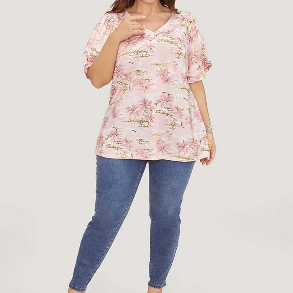 Coconut Tree Print Gathered Twist Sleeve T-shirt - Picture 3 of 8